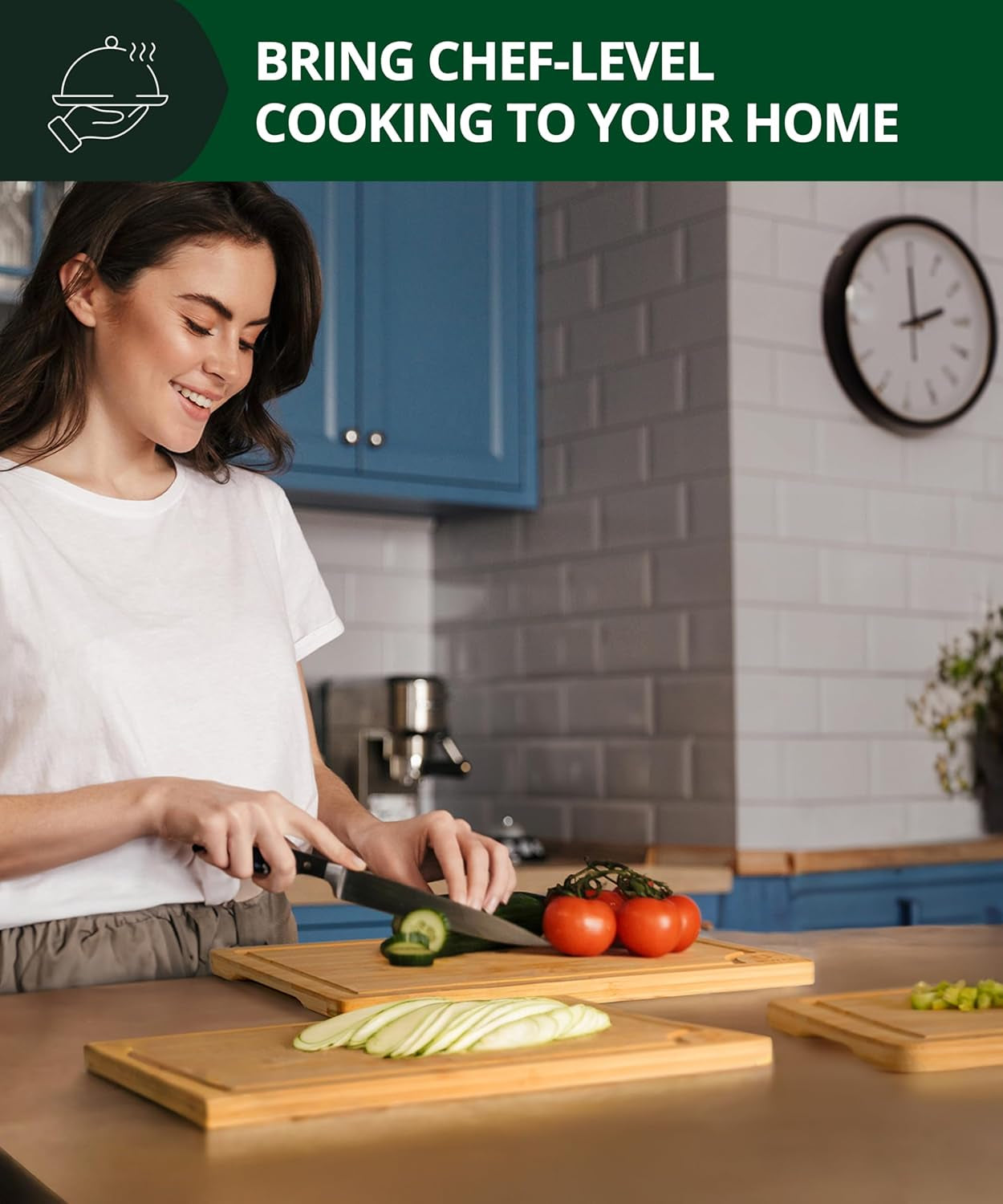 Wooden Cutting Boards for Kitchen Meal Prep & Serving - Bamboo Wood Serving Board Set with Deep Juice Groove Side Handles - Charcuterie & Chopping Butcher Block for Meat