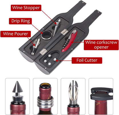 Wine Accessories Valentine Gift Set, 5 Pcs Deluxe Wine Corkscrew Opener Sets Bottle Shape in Elegant Gift Box, Wine Valentines Day Gifts for Women Men