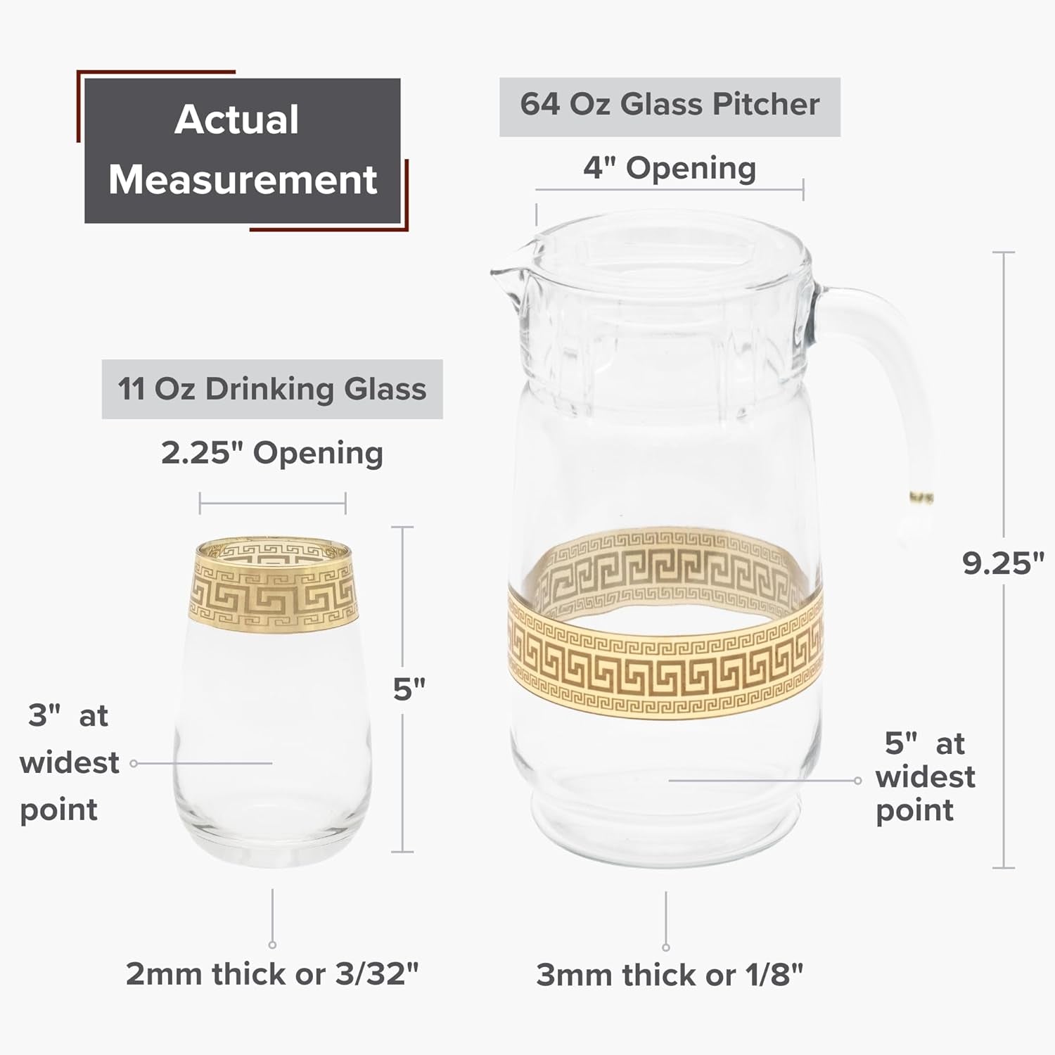 Vintage Glassware Set - 64 Oz Glass Pitcher with Handle and 6 Highball Drinking Glasses 11 Oz - Durable, Thick Glass - Gold Band Rim Design - Perfect for Gifting or Hosting Essentials