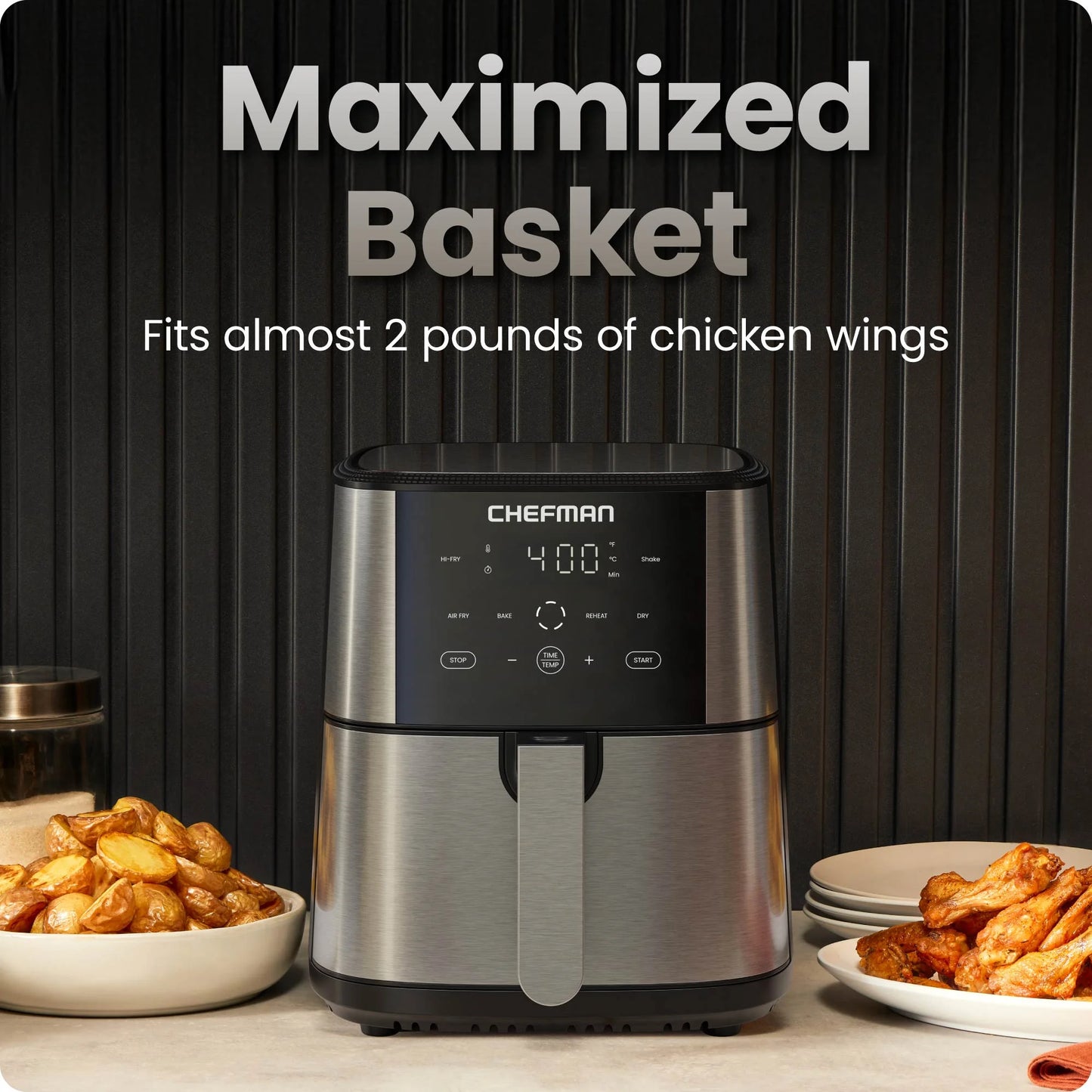 6 Qt. Air Fryer 4 Functions W/ Touch Controls, HI-FRY Button, Stainless Steel