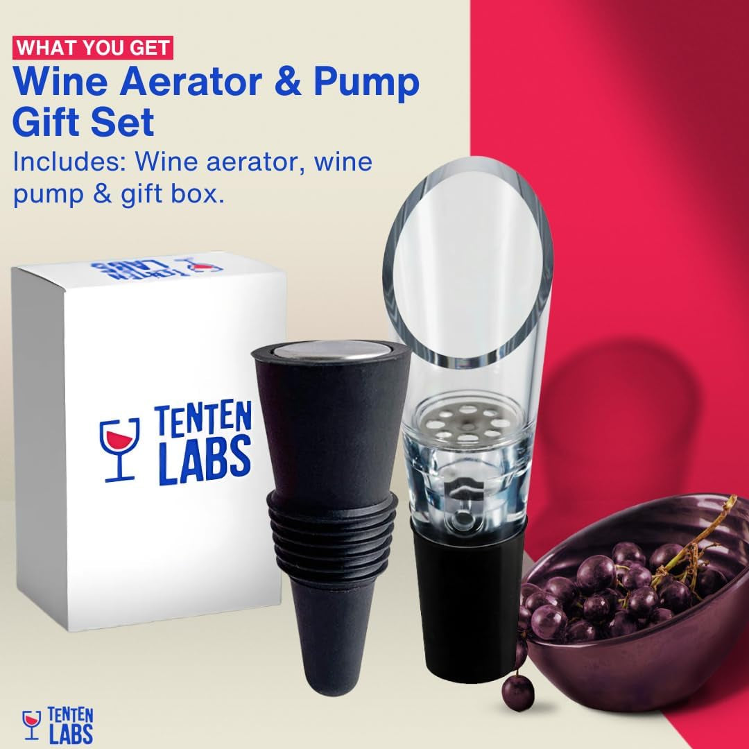 Wine Aerator Pourer and Wine Stopper (2-Pack) - Wine Saver - Wine Aerator and Re-Corker - Gift Box Included (Black)