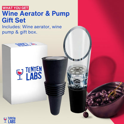 Wine Aerator Pourer and Wine Stopper (2-Pack) - Wine Saver - Wine Aerator and Re-Corker - Gift Box Included (Black)