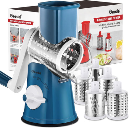 Rotary Cheese Grater, Kitchen Mandoline Vegetable Slicer with 3 Interchangeable Blades, Easy to Clean Rotary Grater Slicer for Cheese, Vegetables, Nuts