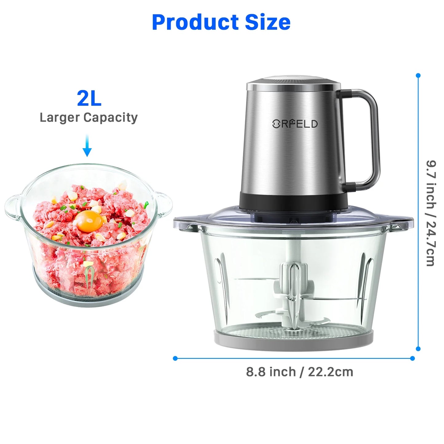 Meat Grinder Electric Food Chopper, 2 Speeds 8 Cup Food Processor New, Silver