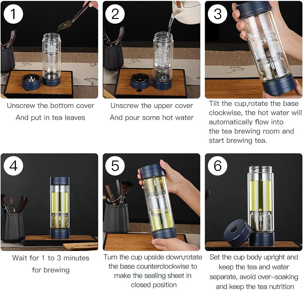 Portable Double Walled Glass Vacuum Tea Infuser Bottle Set with 2 Glass Cups Leakproof Rotating Separation Anti-Scalding with Infuser for Loose Tea 15.2OZ/450ML Black