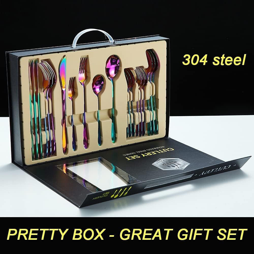 20 Piece Rainbow Silverware Set Service for 4, 18/10 Multicolor Stainless Steel Flatware Cutlery Set Eating Utensils Set for Home Kitchen Restaurant, Mirror Polished, Dishwasher Safe