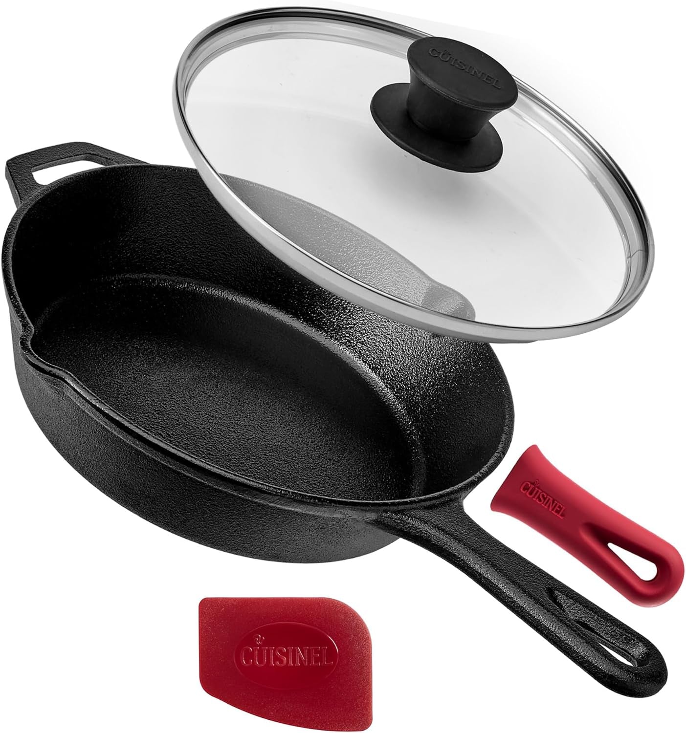 Cast Iron Skillet Set - 10" + 12" Frying Pan + Glass Lids + 2 Handle Cover Grips - Pre-Seasoned Oven Cookware - Indoor/Outdoor Use - Grill, Stovetop, Induction, BBQ, Camping, Fire Use