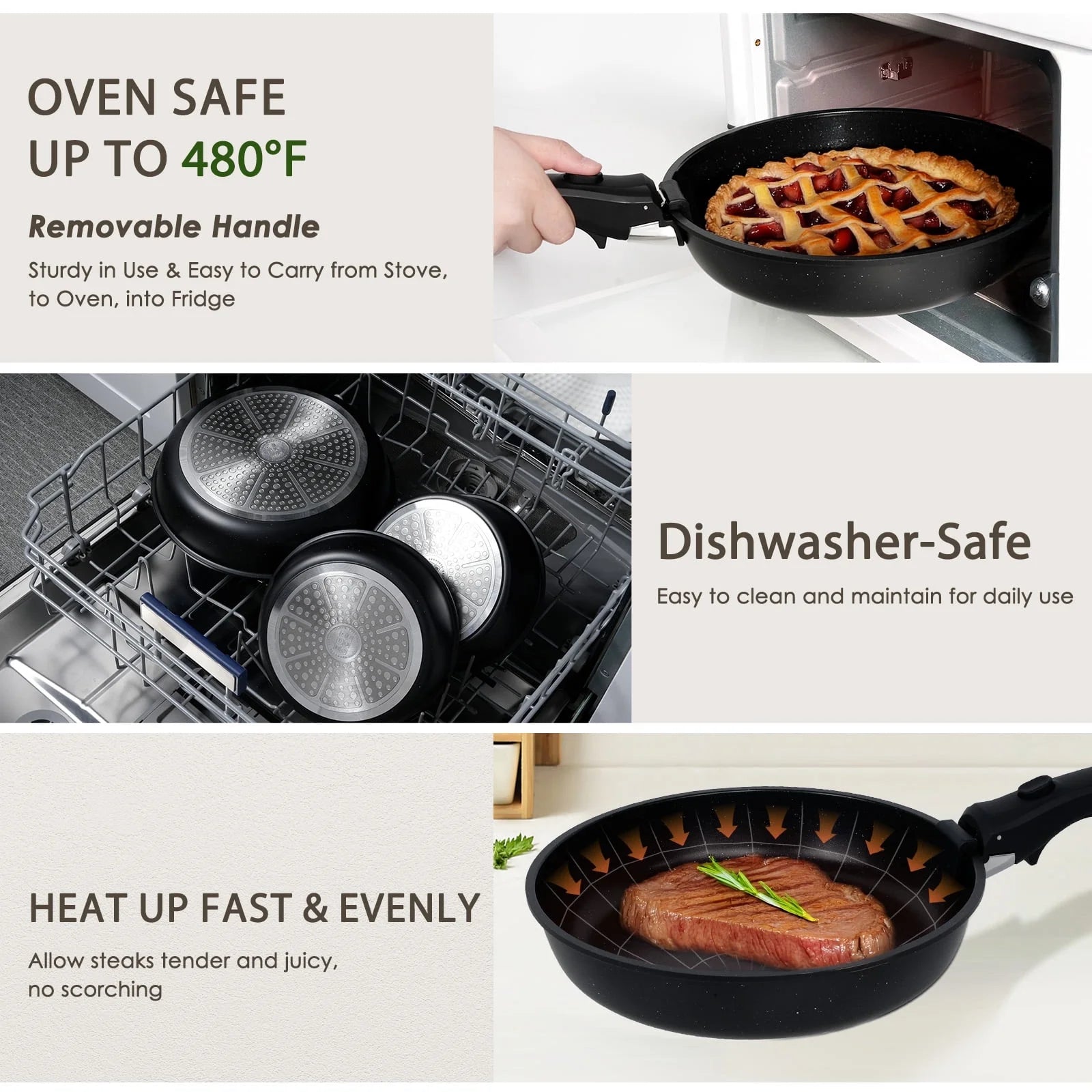 Pots and Pans Set, 6 Pcs Nonstick Pots and Pans with Removable Handle, Space-Saving Cookware Set for RV & Camping, Dishwasher and Oven Safe, Black